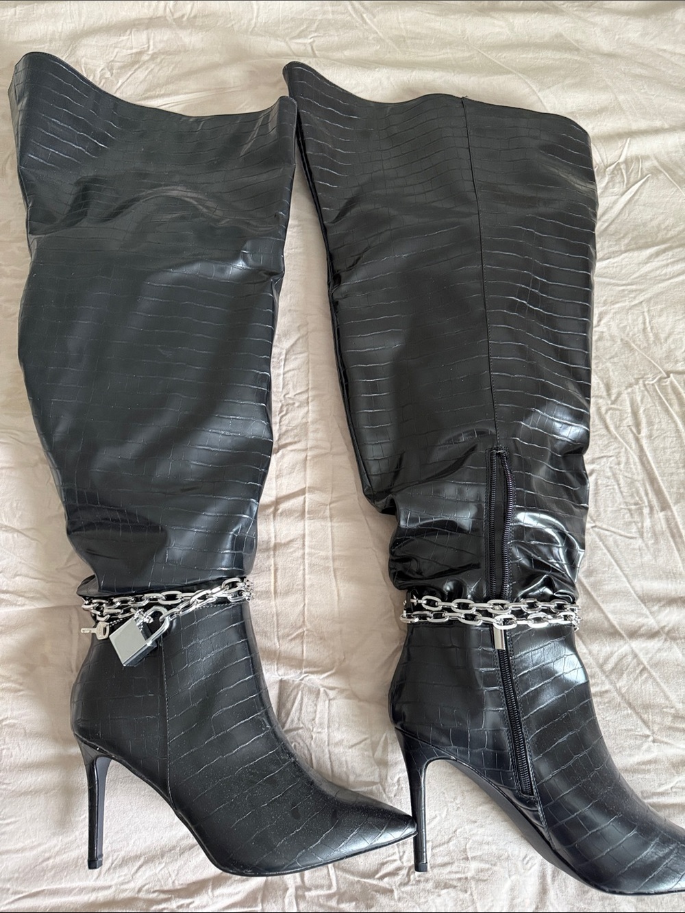 Black Chain-Trim Tall Thigh High Stiletto Boots
